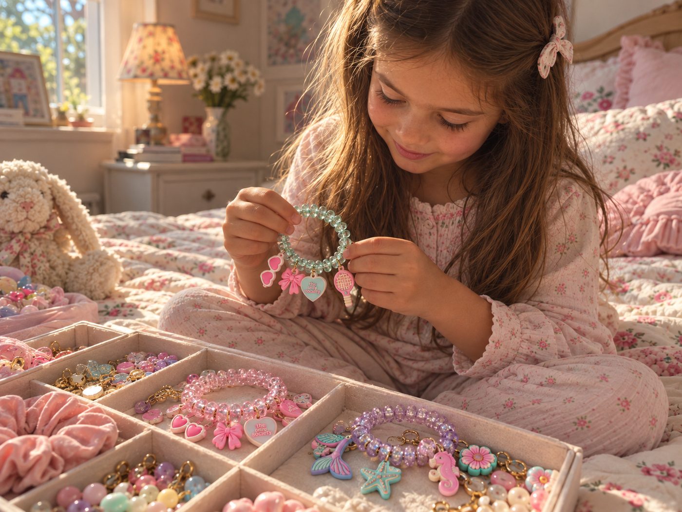 Girl sorting a tray of tiny pastel charms